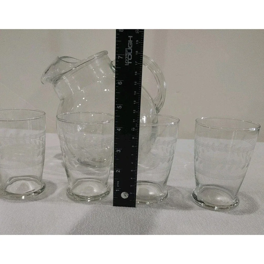 Vintage Tilted Clear Water Pitcher Etched Leaves Ring & Ice Lip & 4 Glasses